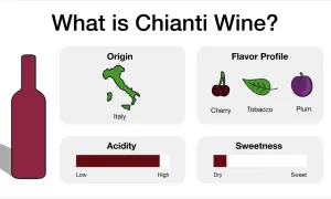 Infographic detailing Chianti wine's origin in Italy, flavor profile (cherry, tobacco, plum), acidity (high), and sweetness (dry).