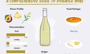 A guide to Viognier wine, featuring flavor notes of plum and pineapple, characteristics like full body and high alcohol, and food pairings of Thai curry and brie cheese.