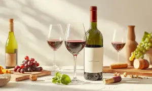 A bottle of low tannin red wine stands with two glasses, grapes, and corks.