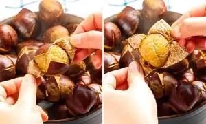 Hands peel a roasted chestnut, revealing the soft, golden nut inside. This is a key step in how you prepare chestnuts for a delicious snack.
