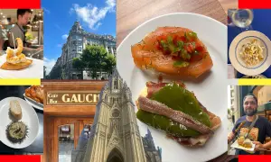 A collage of Spanish tapas, including smoked trout dip, seafood, and a man holding skewers.