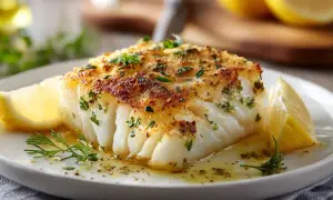 A perfectly cooked cod fillet, golden brown and flaky, served with lemon wedges and fresh herbs. This is how to cook cod for a delicious meal.
