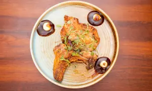 Two pieces of grilled steak, garnished with microgreens, are served as steak tapas with a rich sauce and a dollop of cream.