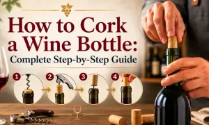 Learn how to cork a wine bottle with this step-by-step guide. The image shows four stages of inserting a cork into a wine bottle.