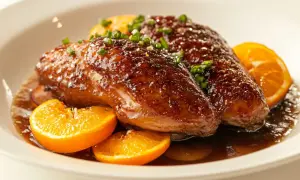 A glistening duck a l'orange, garnished with chives and orange slices, sits in a rich sauce.