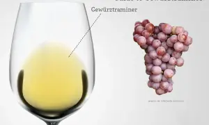 A glass of yellow Gewürztraminer wine next to a bunch of pink grapes. Perfect for exploring Gewürztraminer pairing.
