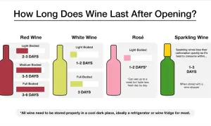Infographic shows how long does wine last after opening: Red wine 2-6 days, White/Rosé 1-3 days, Sparkling 1-3 days.