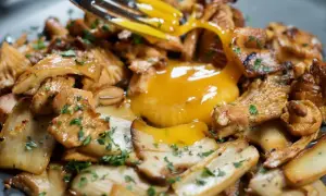 A fork breaks a rich egg yolk over a bed of perfectly grilled mushroom recipe, garnished with fresh parsley.
