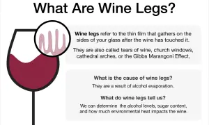 Illustration explaining wine legs, the thin film left on a glass after swirling, and what they indicate about the wine.