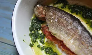 A whole la trucha, seasoned with salt, rests in a white dish with a vibrant green herb sauce and crispy bacon.