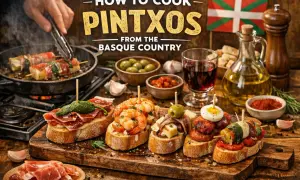 A spread of Basque pintxos, including morcilla pintxos, with ingredients and a Basque flag.
