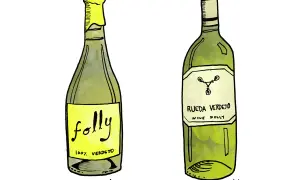 Two bottles of verdejo wine, one with a low shoulder and a yellow label, the other with a high shoulder and a white label.
