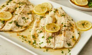 Two beautifully cooked truchas fish fillets, glistening with butter and herbs, are garnished with fresh lemon slices on a white platter.