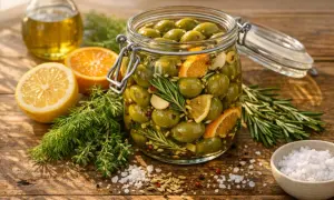 A jar of olives in brine, with lemon, orange, rosemary, and garlic. Ingredients for homemade olive brine are scattered around.