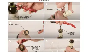 Step-by-step guide on how to open a wine bottle using a double-hinged corkscrew. Learn to remove the foil, insert the corkscrew, and extract the cork.