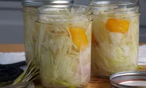 Jars of pickled fennel with orange peel, ready for the pantry.