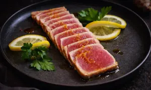 Seared tuna tataki, sliced and drizzled with sauce, garnished with lemon slices and parsley on a dark plate.