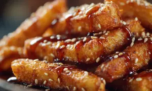Crispy fried eggplant sticks, drizzled with sweet honey glaze and sprinkled with sesame seeds. A delicious take on berenjenas con miel.
