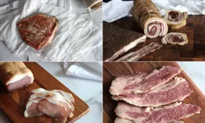 A collage of cured pork products, including a raw piece seasoned for tocino Spanish, rolled pancetta, and sliced bacon.