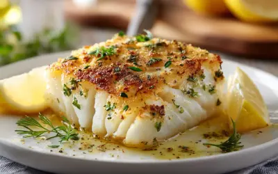 A perfectly cooked cod fillet, golden brown and flaky, served with lemon wedges and fresh herbs. This is how to cook cod for a delicious meal.