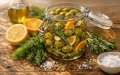A jar of olives in brine, with lemon, orange, rosemary, and garlic. Ingredients for homemade olive brine are scattered around.
