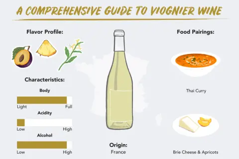 A guide to Viognier wine, featuring flavor notes of plum and pineapple, characteristics like full body and high alcohol, and food pairings of Thai curry and brie cheese.
