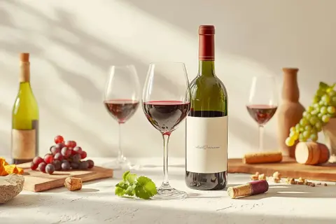 A bottle of low tannin red wine stands with two glasses, grapes, and corks.