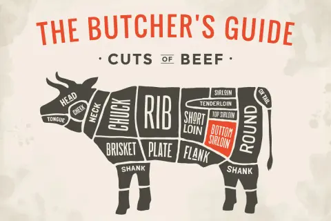 Butcher's guide to beef cuts, highlighting the sirloin tip in Spanish, also known as "solomillo de cadera.