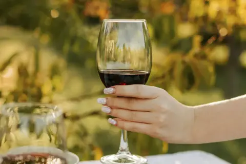 A hand with decorative nails holds a glass of rich Alicante Bouschet wine, ready for a toast amidst a sun-dappled garden.