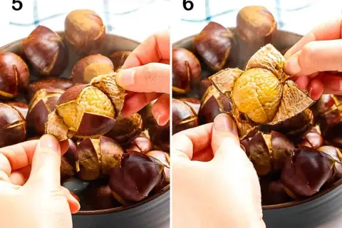 Hands peel a roasted chestnut, revealing the soft, golden nut inside. This is a key step in how you prepare chestnuts for a delicious snack.