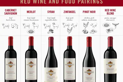 Red wine and food pairings chart: Merlot with tomato-based pasta, Cabernet Sauvignon with beef and hard cheeses, and other varietals.