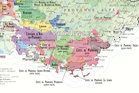 A french wine regions map showing Provence, with areas like Côtes de Provence, Ventoux, and Luberon.
