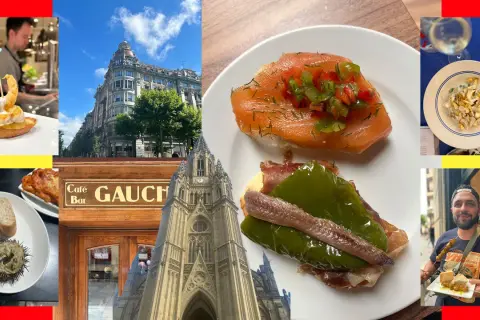 A collage of Spanish tapas, including smoked trout dip, seafood, and a man holding skewers.