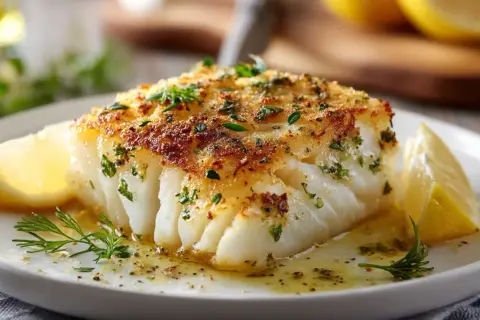 A perfectly cooked cod fillet, golden brown and flaky, served with lemon wedges and fresh herbs. This is how to cook cod for a delicious meal.