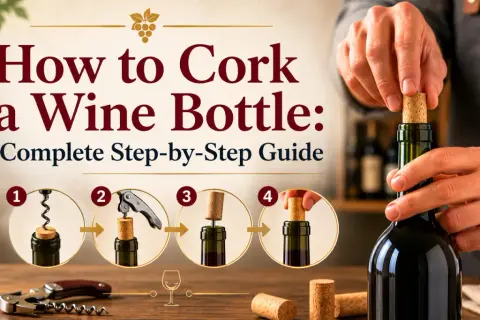 Learn how to cork a wine bottle with this step-by-step guide. The image shows four stages of inserting a cork into a wine bottle.