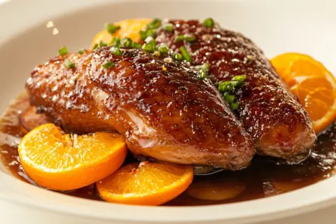 A glistening duck a l'orange, garnished with chives and orange slices, sits in a rich sauce.