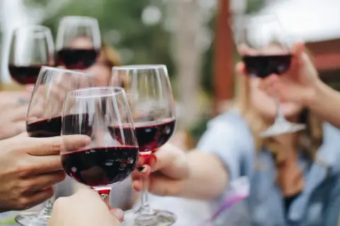 Friends clink glasses filled with rich red crianza wine, celebrating a special moment outdoors.