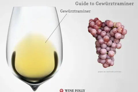 A glass of yellow Gewürztraminer wine next to a bunch of pink grapes. Perfect for exploring Gewürztraminer pairing.