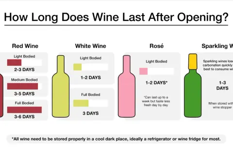 Infographic shows how long does wine last after opening: Red wine 2-6 days, White/Rosé 1-3 days, Sparkling 1-3 days.