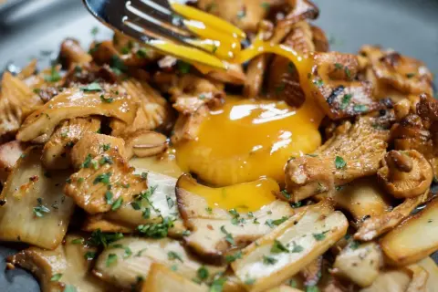 A fork breaks a rich egg yolk over a bed of perfectly grilled mushroom recipe, garnished with fresh parsley.
