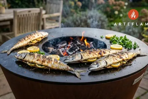 Four whole grilled fish, stuffed with lemon and herbs, sizzle on a round barbecue grill over glowing coals.