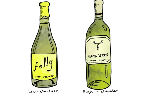 Two bottles of verdejo wine, one with a low shoulder and a yellow label, the other with a high shoulder and a white label.