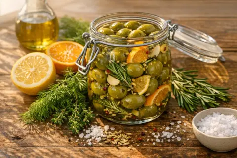 A jar of olives in brine, with lemon, orange, rosemary, and garlic. Ingredients for homemade olive brine are scattered around.