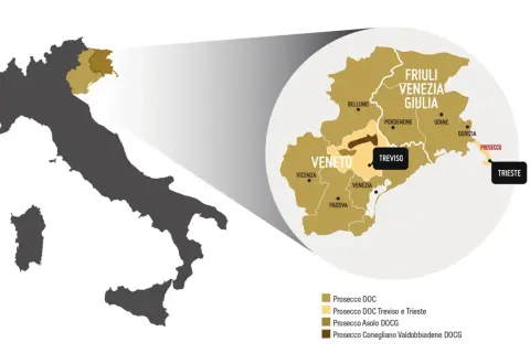 Map of Italy highlighting the Veneto and Friuli Venezia Giulia regions, showing where Prosecco is from, with Treviso and Trieste marked.