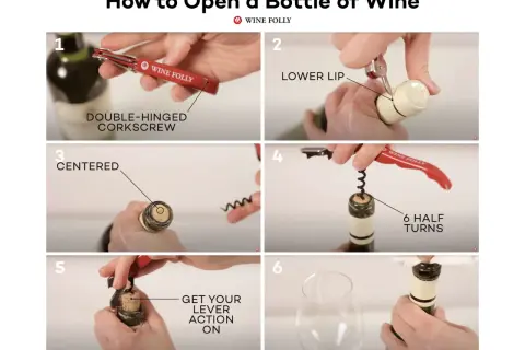 Step-by-step guide on how to open a wine bottle using a double-hinged corkscrew. Learn to remove the foil, insert the corkscrew, and extract the cork.