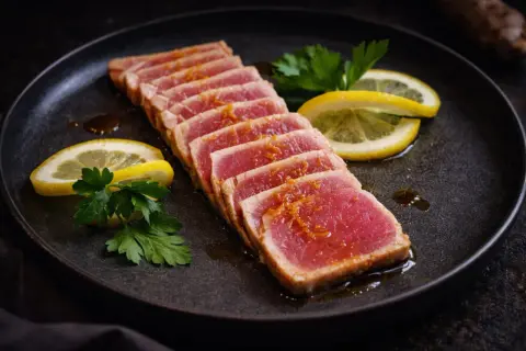 Seared tuna tataki, sliced and drizzled with sauce, garnished with lemon slices and parsley on a dark plate.