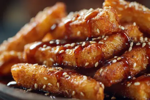 Crispy fried eggplant sticks, drizzled with sweet honey glaze and sprinkled with sesame seeds. A delicious take on berenjenas con miel.