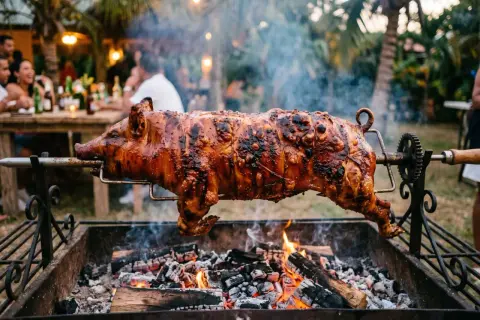 A whole spanish lechon, glistening and perfectly roasted, spins over glowing coals at an outdoor party.