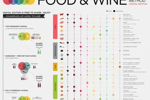 A visual guide to food and wine pairing, showcasing different types of wine and their ideal matches with various meats, cheeses, and vegetables.