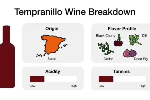 Tempranillo wine breakdown: Origin Spain, flavor profile black cherry, cedar, dill, dried fig. Acidity and tannins are moderate.